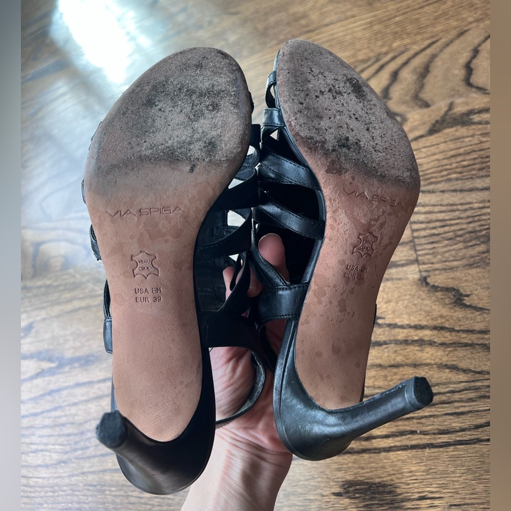 Via Spiga Black Leather Gladiator High Heel Sandals - Picture 7 of 9